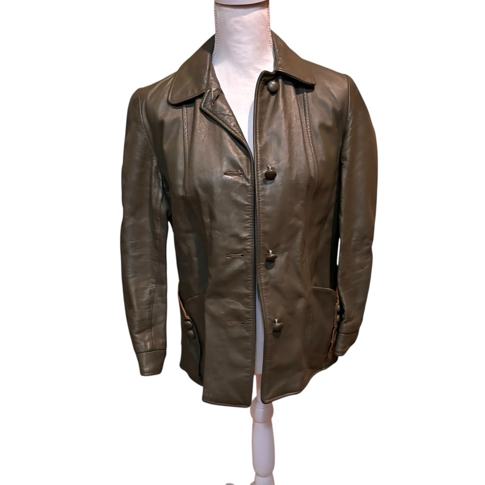 Vintage Women's Green Leather Jacket Button‎ Front Zip-Out Lining Missing Medium